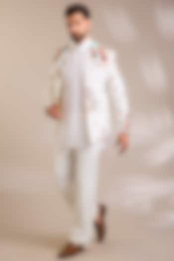 Off-White Woven Suiting Fabric Resham Embroidered Jacket Set by PARV DESIGN STUDIO at Pernia's Pop Up Shop