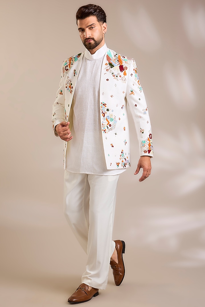 Off-White Woven Suiting Fabric Resham Embroidered Jacket Set by PARV DESIGN STUDIO at Pernia's Pop Up Shop