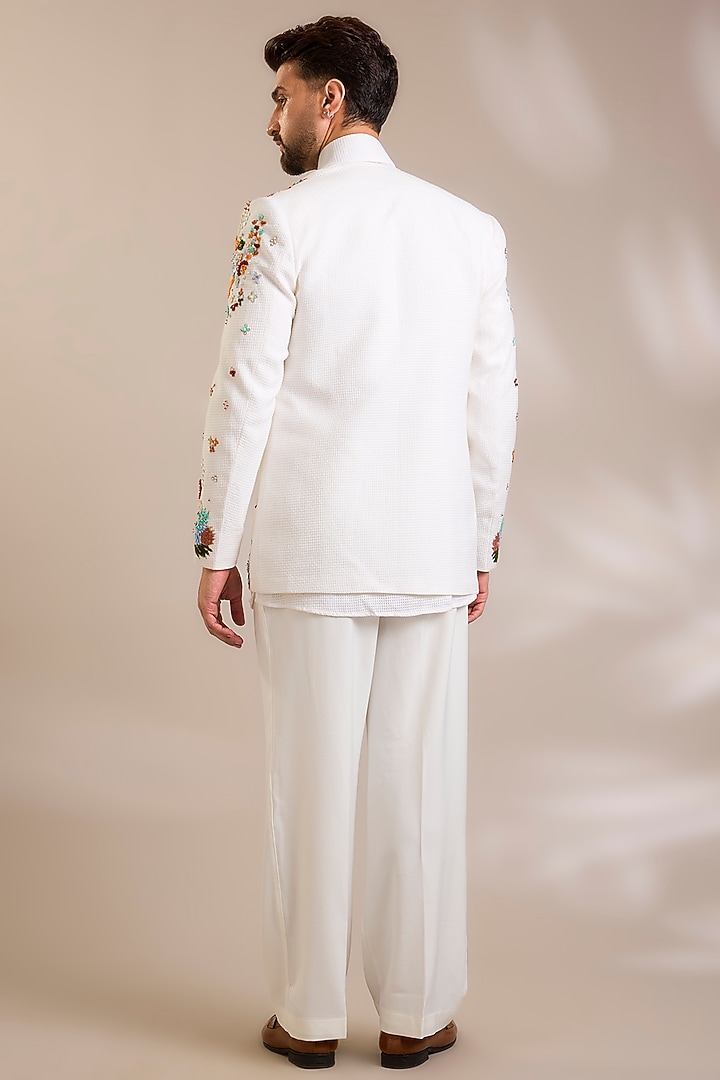 Off-White Woven Suiting Fabric Resham Embroidered Jacket Set by PARV DESIGN STUDIO at Pernia's Pop Up Shop