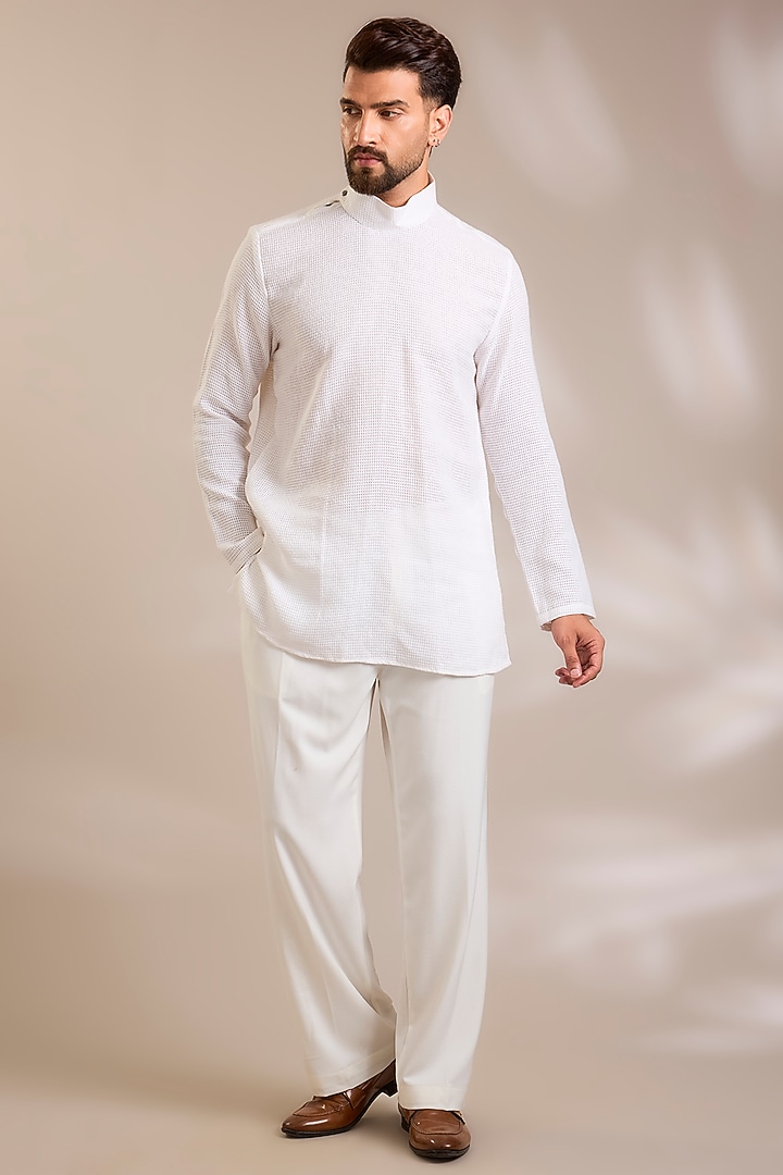 Off-White Woven Suiting Fabric Resham Embroidered Jacket Set by PARV DESIGN STUDIO at Pernia's Pop Up Shop