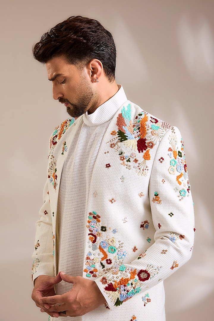 Off-White Woven Suiting Fabric Resham Embroidered Jacket Set by PARV DESIGN STUDIO at Pernia's Pop Up Shop