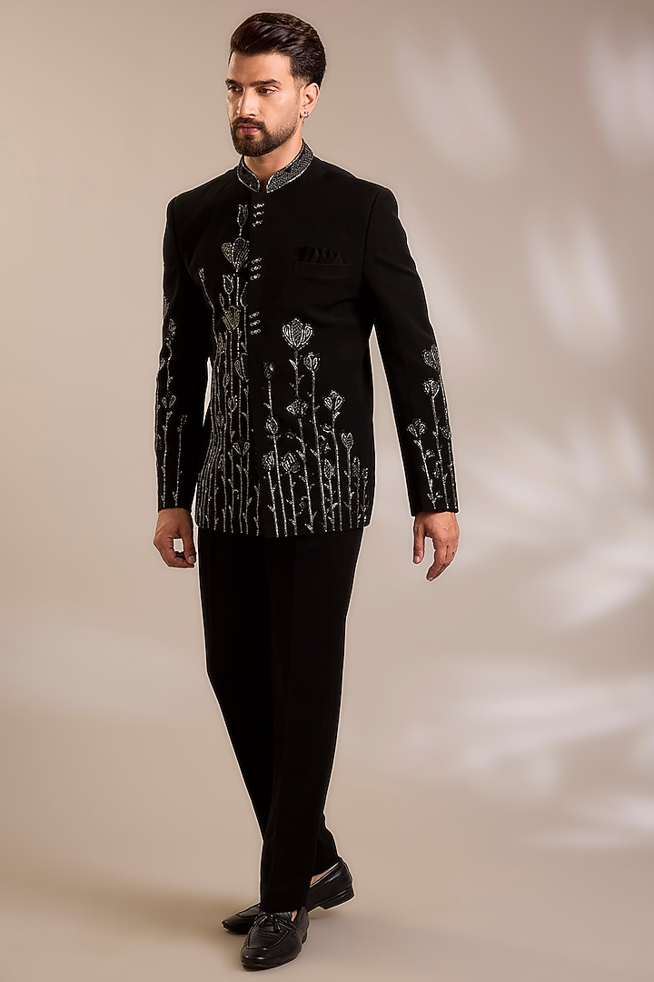 Black Suiting Cutdana Embroidered Wedding Bandhgala Set by PARV DESIGN STUDIO at Pernia's Pop Up Shop
