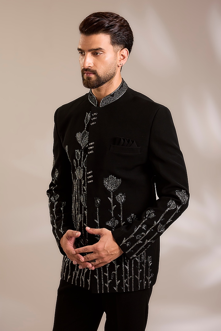 Black Suiting Cutdana Embroidered Wedding Bandhgala Set by PARV DESIGN STUDIO at Pernia's Pop Up Shop