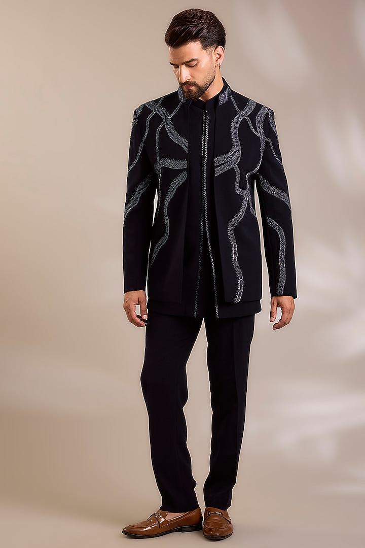 Navy Blue Suiting Embroidered Wedding Bandhgala Set by PARV DESIGN STUDIO at Pernia's Pop Up Shop