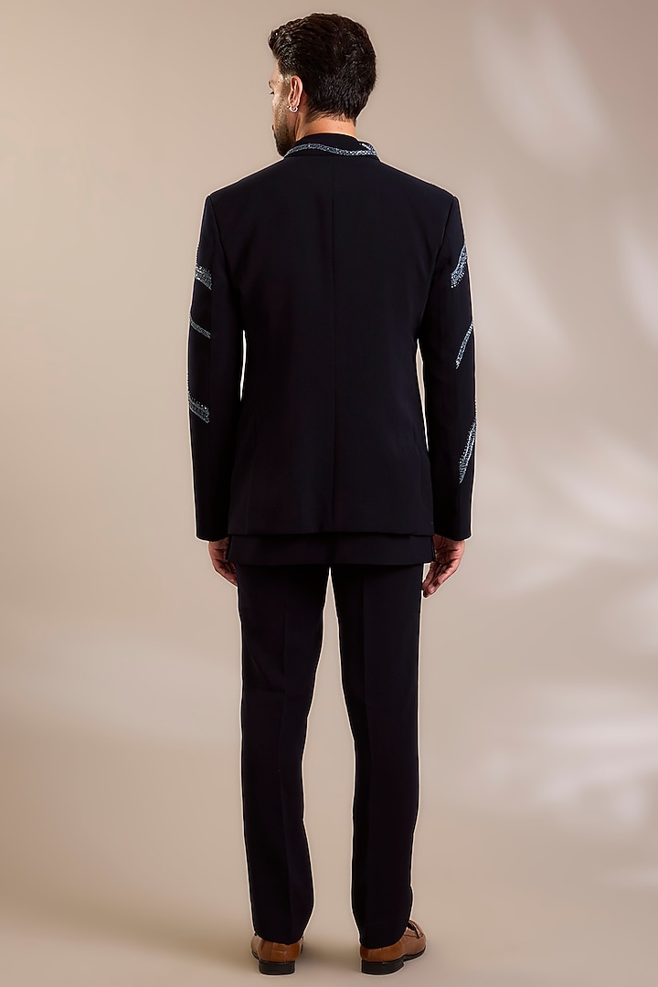Navy Blue Suiting Embroidered Wedding Bandhgala Set by PARV DESIGN STUDIO at Pernia's Pop Up Shop