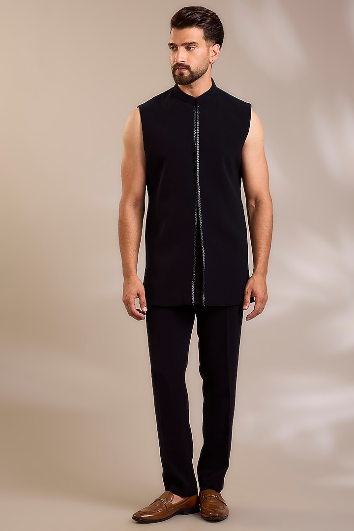 Navy Blue Suiting Embroidered Wedding Bandhgala Set by PARV DESIGN STUDIO at Pernia's Pop Up Shop