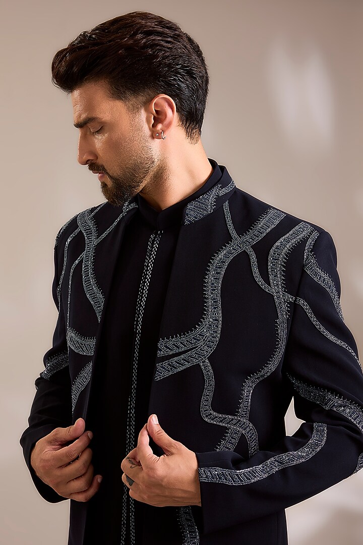 Navy Blue Suiting Embroidered Wedding Bandhgala Set by PARV DESIGN STUDIO at Pernia's Pop Up Shop