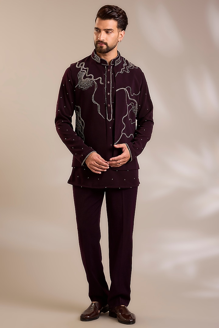Wine Suiting Embroidered Nehru Jacket Set by PARV DESIGN STUDIO at Pernia's Pop Up Shop