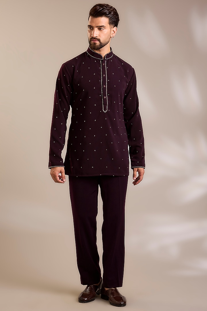 Wine Suiting Embroidered Nehru Jacket Set by PARV DESIGN STUDIO at Pernia's Pop Up Shop