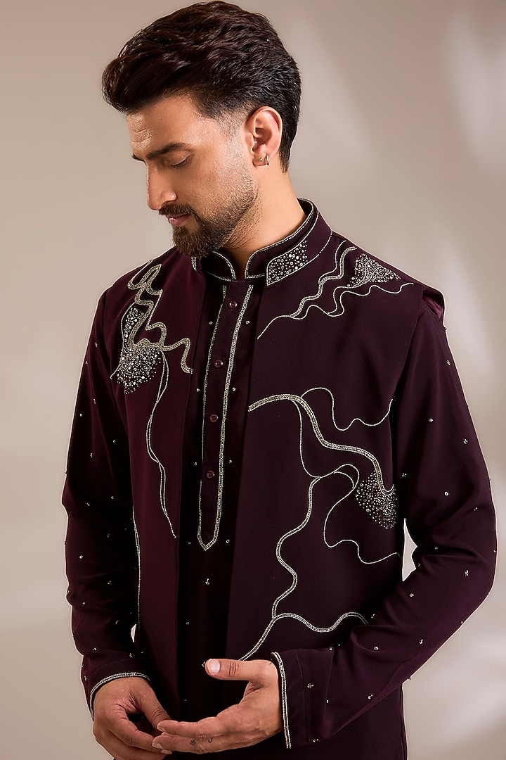 Wine Suiting Embroidered Nehru Jacket Set by PARV DESIGN STUDIO at Pernia's Pop Up Shop