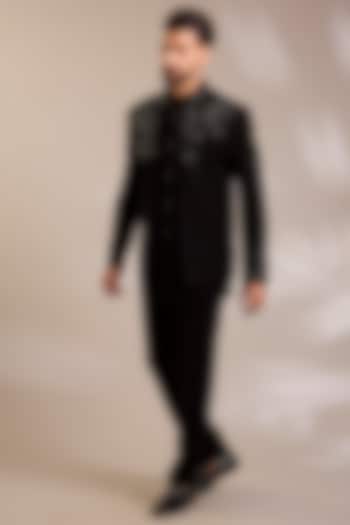 Black Suiting Embroidered Wedding Bandhgala Set by PARV DESIGN STUDIO at Pernia's Pop Up Shop