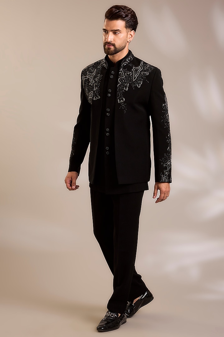 Black Suiting Embroidered Wedding Bandhgala Set by PARV DESIGN STUDIO at Pernia's Pop Up Shop