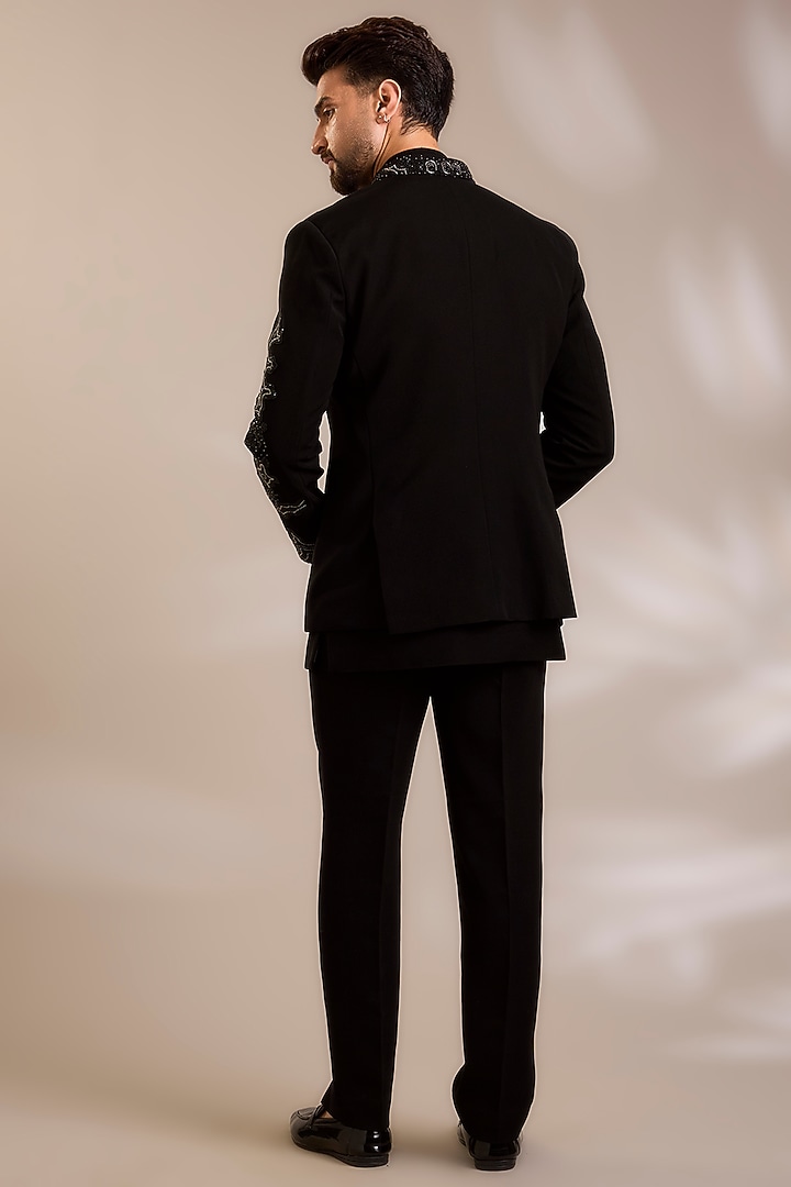 Black Suiting Embroidered Wedding Bandhgala Set by PARV DESIGN STUDIO at Pernia's Pop Up Shop