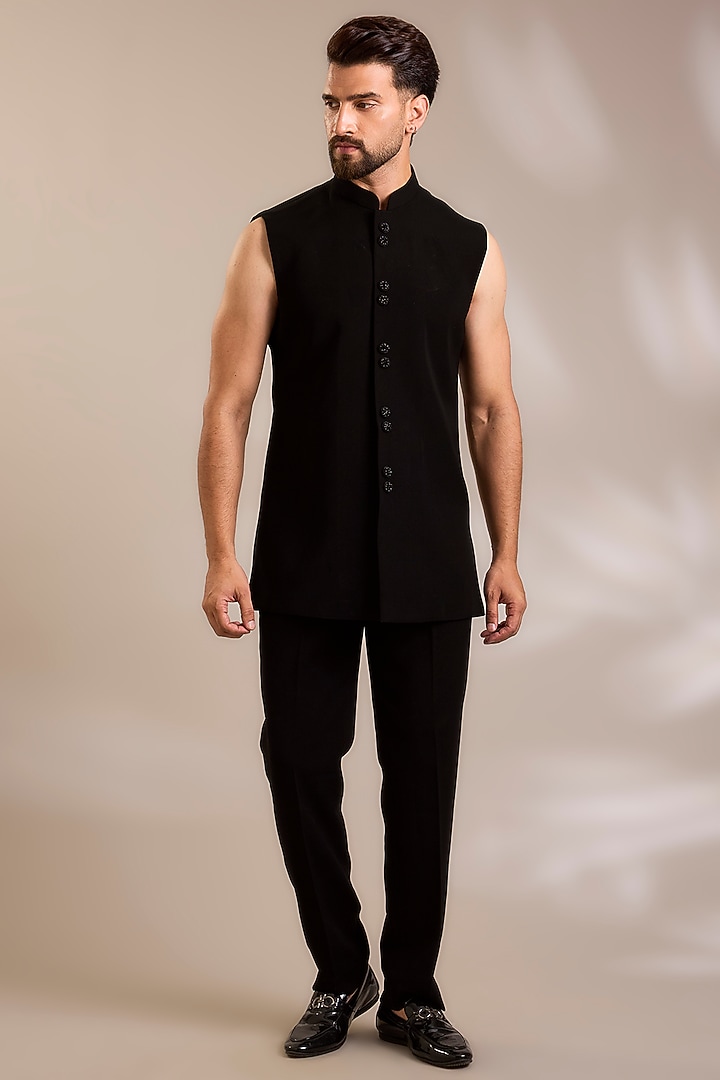Black Suiting Embroidered Wedding Bandhgala Set by PARV DESIGN STUDIO at Pernia's Pop Up Shop