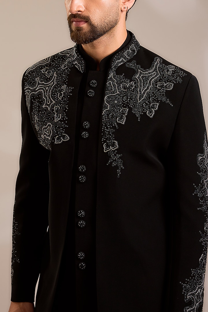 Black Suiting Embroidered Wedding Bandhgala Set by PARV DESIGN STUDIO at Pernia's Pop Up Shop