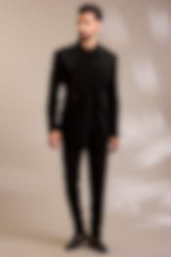 Black Suiting Embroidered Wedding Bandhgala Set by PARV DESIGN STUDIO at Pernia's Pop Up Shop