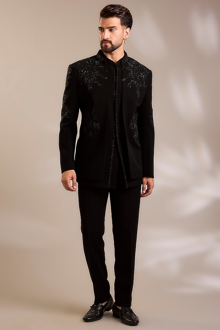 Black Suiting Embroidered Wedding Bandhgala Set by PARV DESIGN STUDIO at Pernia's Pop Up Shop
