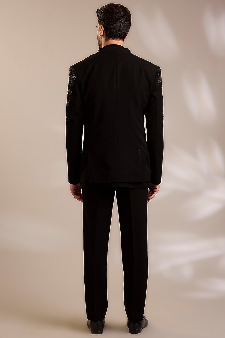 Black Suiting Embroidered Wedding Bandhgala Set by PARV DESIGN STUDIO at Pernia's Pop Up Shop
