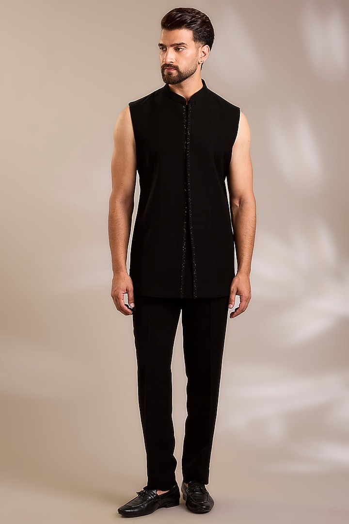 Black Suiting Embroidered Wedding Bandhgala Set by PARV DESIGN STUDIO at Pernia's Pop Up Shop