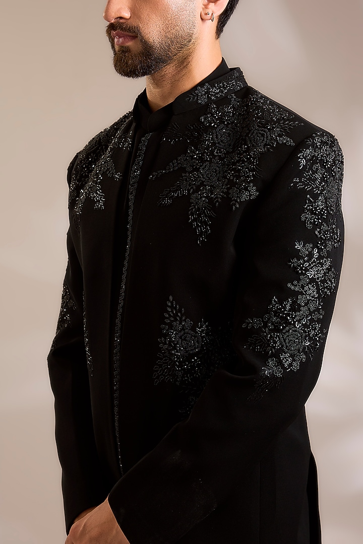 Black Suiting Embroidered Wedding Bandhgala Set by PARV DESIGN STUDIO at Pernia's Pop Up Shop