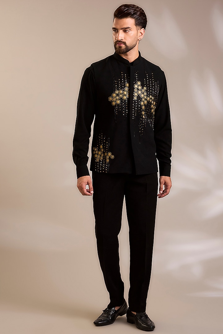Black Suiting Embroidered Nehru Jacket Set by PARV DESIGN STUDIO at Pernia's Pop Up Shop