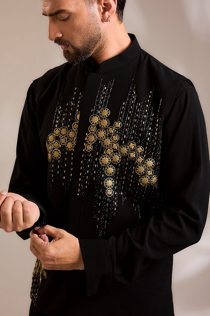 Black Suiting Embroidered Nehru Jacket Set by PARV DESIGN STUDIO at Pernia's Pop Up Shop