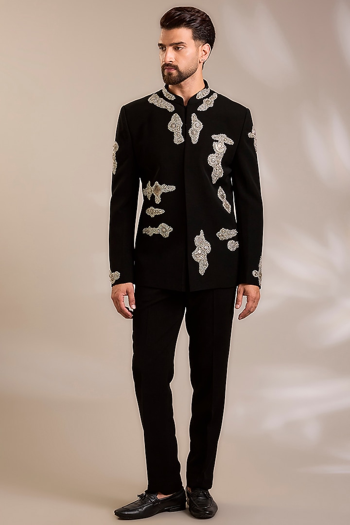 Black Suiting 3D Embroidered Wedding Indowestern Set by PARV DESIGN STUDIO at Pernia's Pop Up Shop