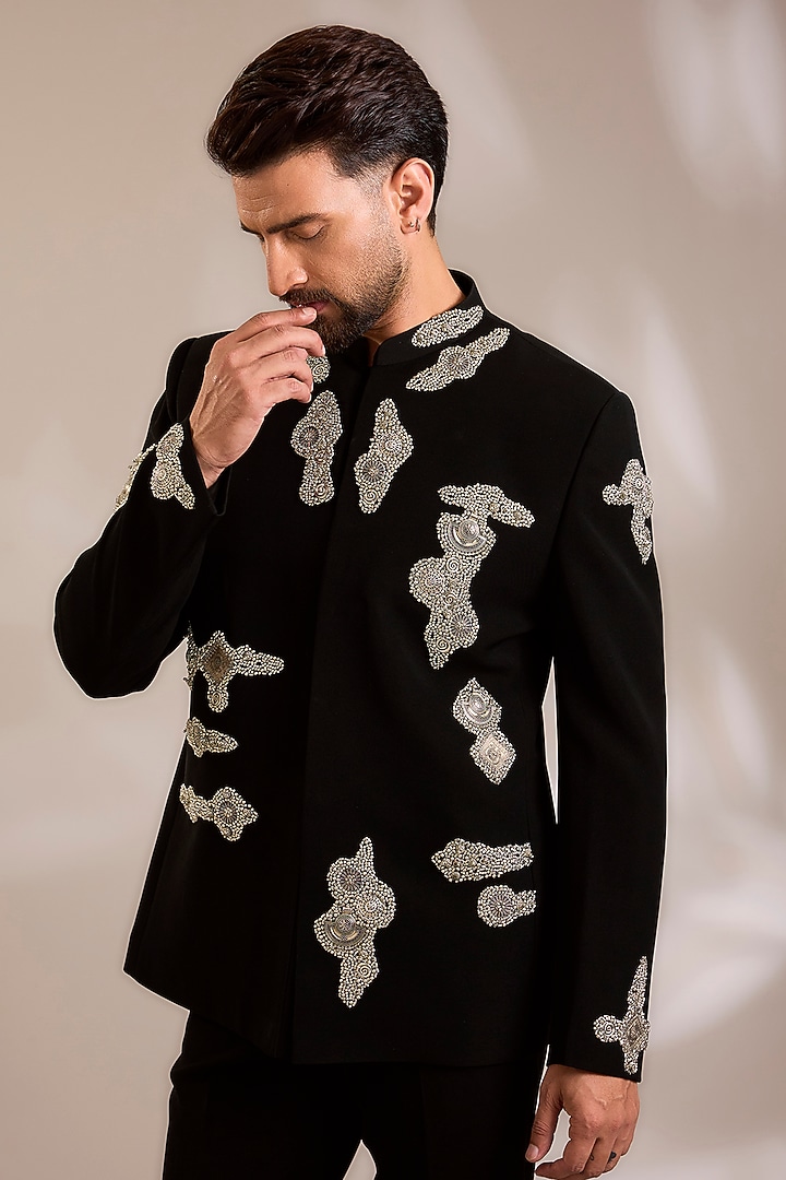 Black Suiting 3D Embroidered Wedding Indowestern Set by PARV DESIGN STUDIO at Pernia's Pop Up Shop