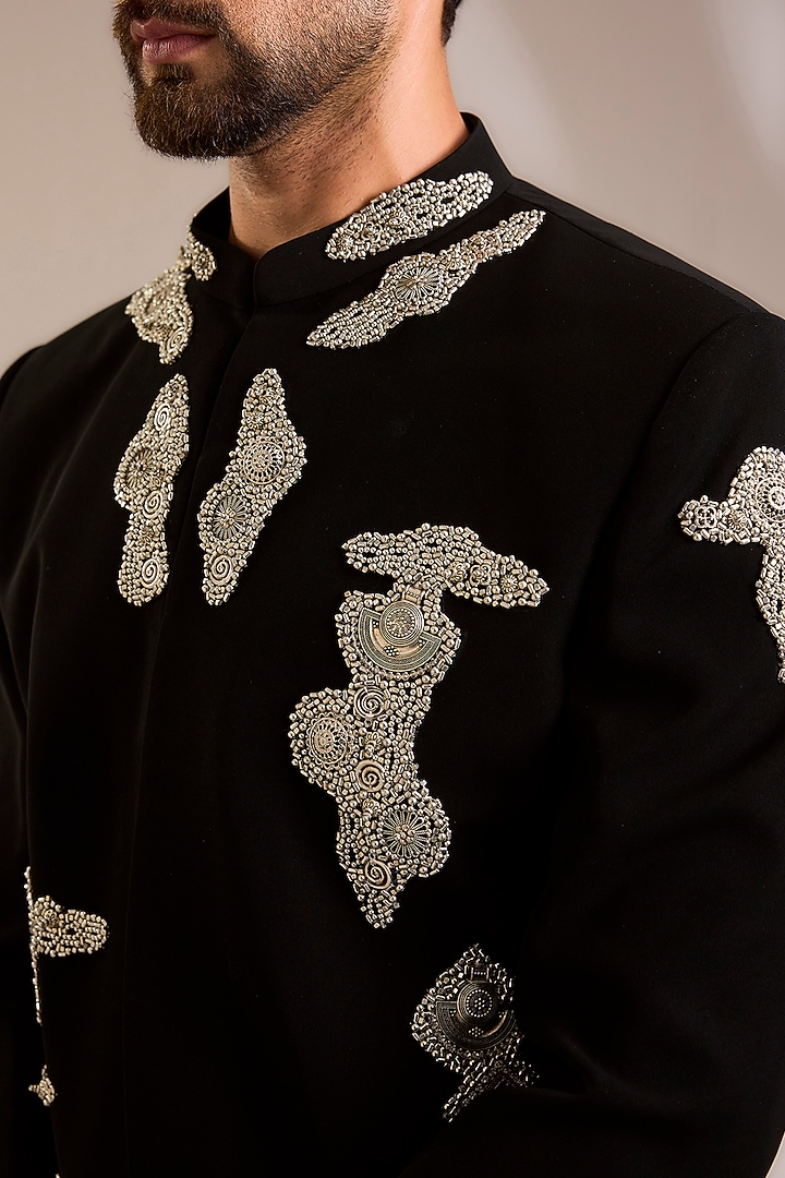 Black Suiting 3D Embroidered Wedding Indowestern Set by PARV DESIGN STUDIO at Pernia's Pop Up Shop