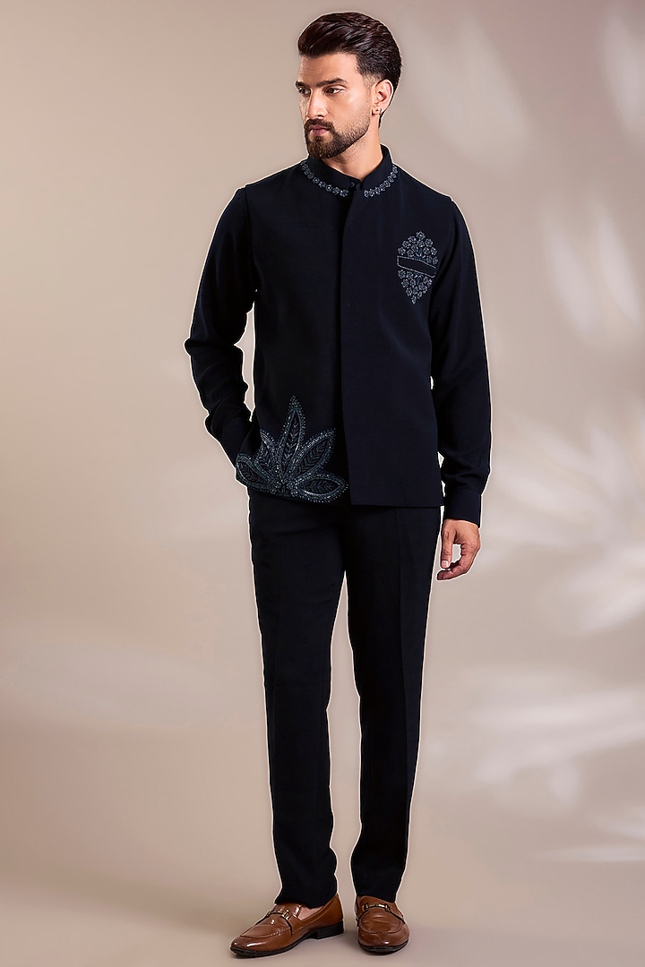 Navy Blue Suiting Embroidered Nehru Jacket Set by PARV DESIGN STUDIO at Pernia's Pop Up Shop