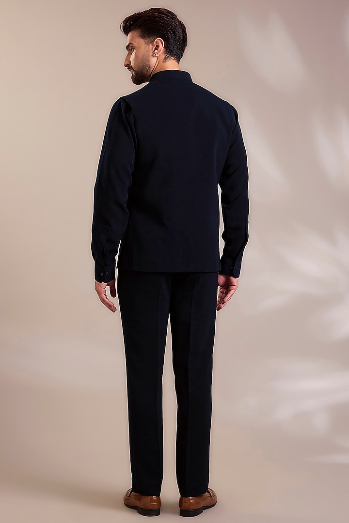 Navy Blue Suiting Embroidered Nehru Jacket Set by PARV DESIGN STUDIO at Pernia's Pop Up Shop