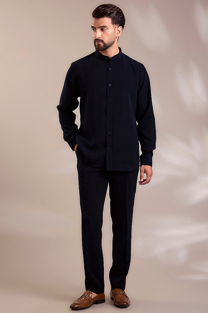 Navy Blue Suiting Embroidered Nehru Jacket Set by PARV DESIGN STUDIO at Pernia's Pop Up Shop
