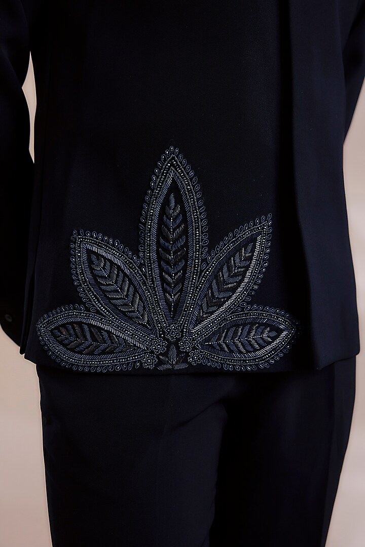 Navy Blue Suiting Embroidered Nehru Jacket Set by PARV DESIGN STUDIO at Pernia's Pop Up Shop