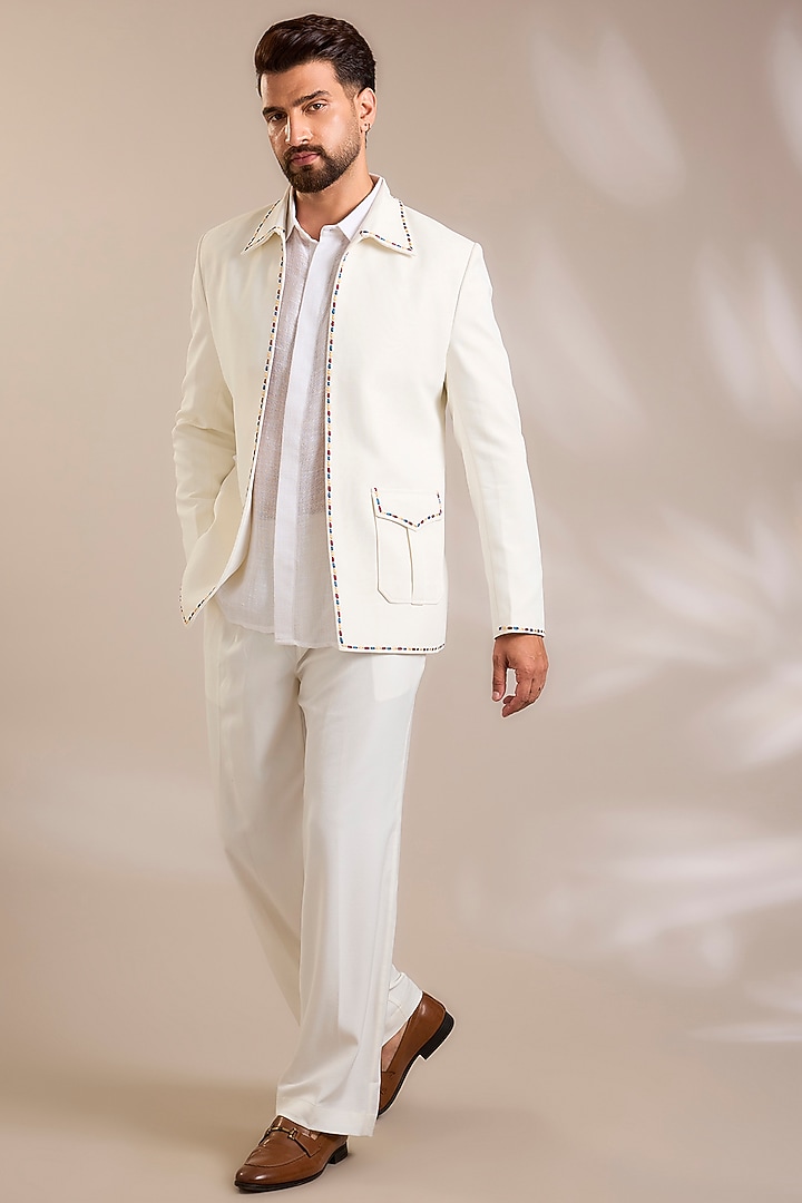 Off-White Suiting Embroidered Jacket Set by PARV DESIGN STUDIO at Pernia's Pop Up Shop