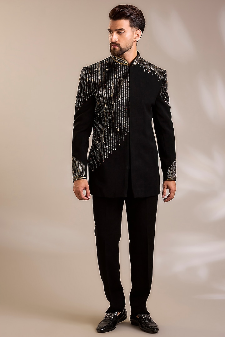 Black Suiting Embroidered Wedding Indowestern Set by PARV DESIGN STUDIO at Pernia's Pop Up Shop