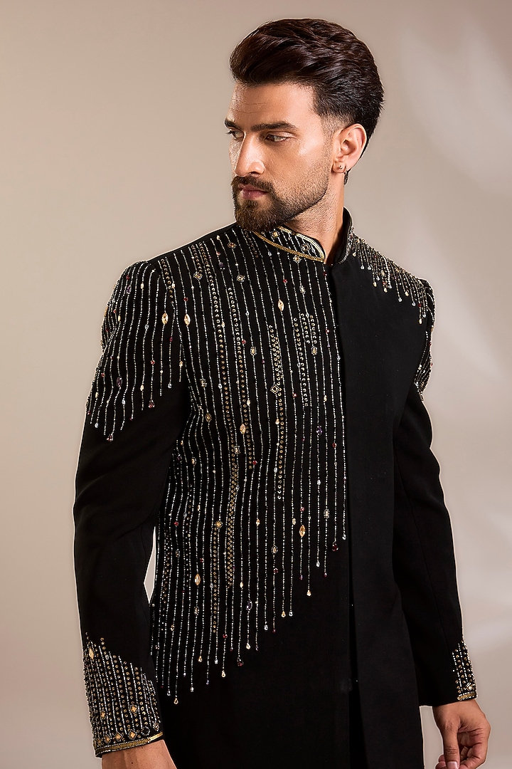 Black Suiting Embroidered Wedding Indowestern Set by PARV DESIGN STUDIO at Pernia's Pop Up Shop