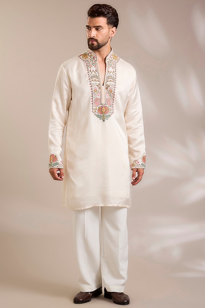Cream Chanderi Satin Silk Resham Embroidered Kurta Set by PARV DESIGN STUDIO at Pernia's Pop Up Shop