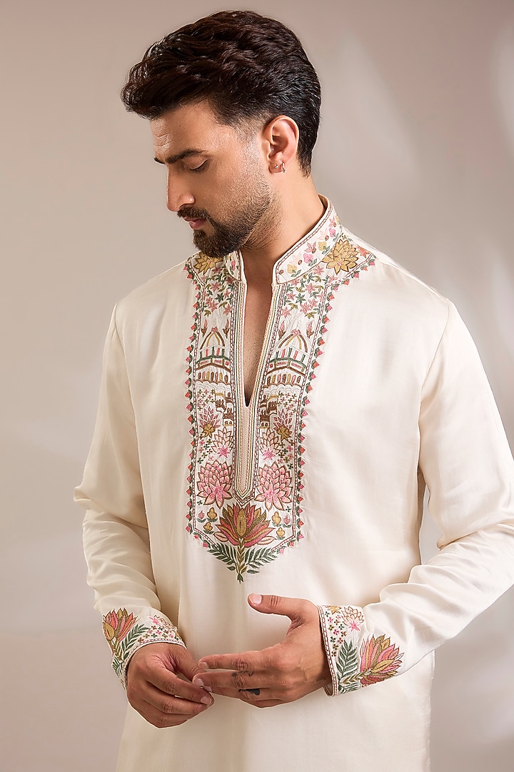 Cream Chanderi Satin Silk Resham Embroidered Kurta Set by PARV DESIGN STUDIO at Pernia's Pop Up Shop