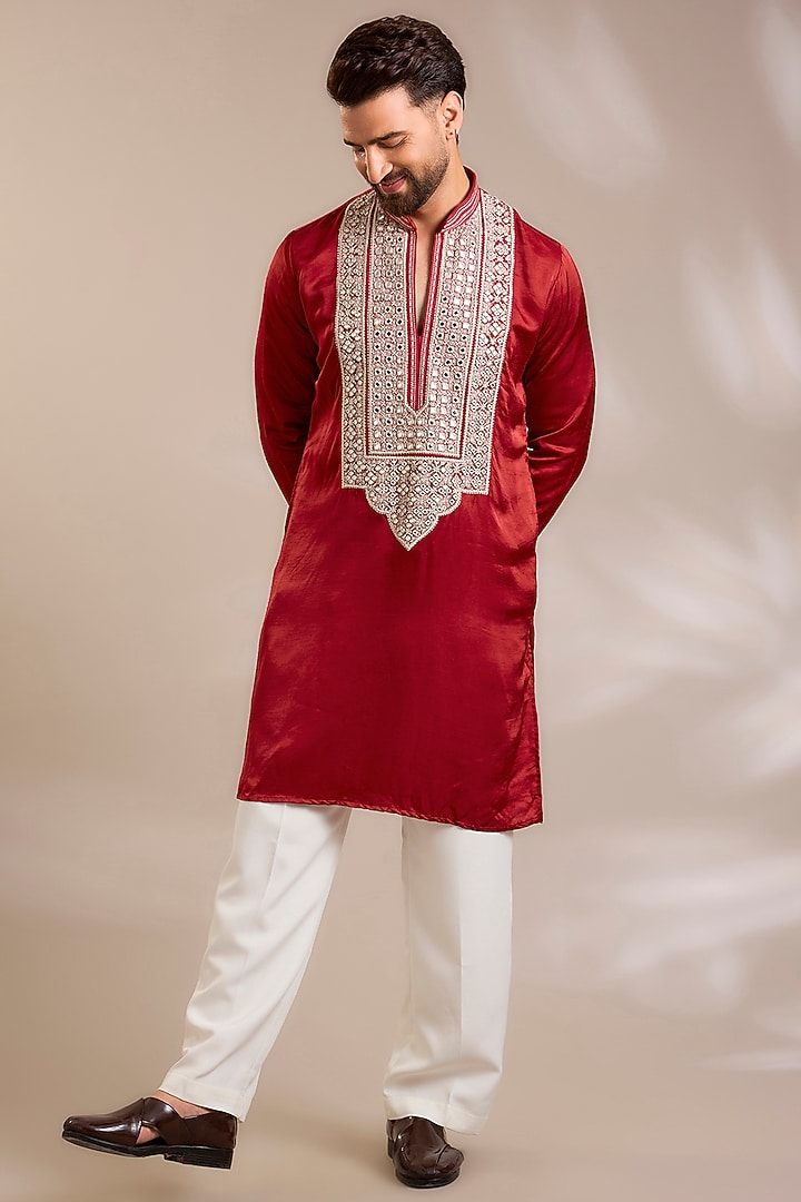 Chilli Red Chanderi Satin Silk Mirror Embroidered Kurta Set by PARV DESIGN STUDIO at Pernia's Pop Up Shop