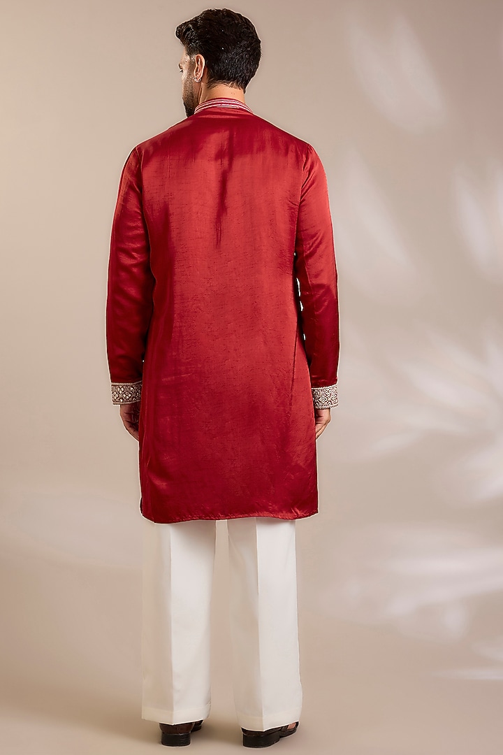 Chilli Red Chanderi Satin Silk Mirror Embroidered Kurta Set by PARV DESIGN STUDIO at Pernia's Pop Up Shop