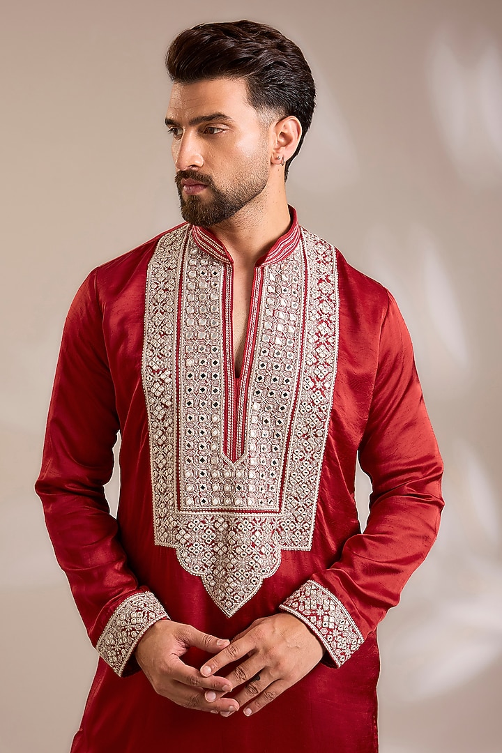 Chilli Red Chanderi Satin Silk Mirror Embroidered Kurta Set by PARV DESIGN STUDIO at Pernia's Pop Up Shop