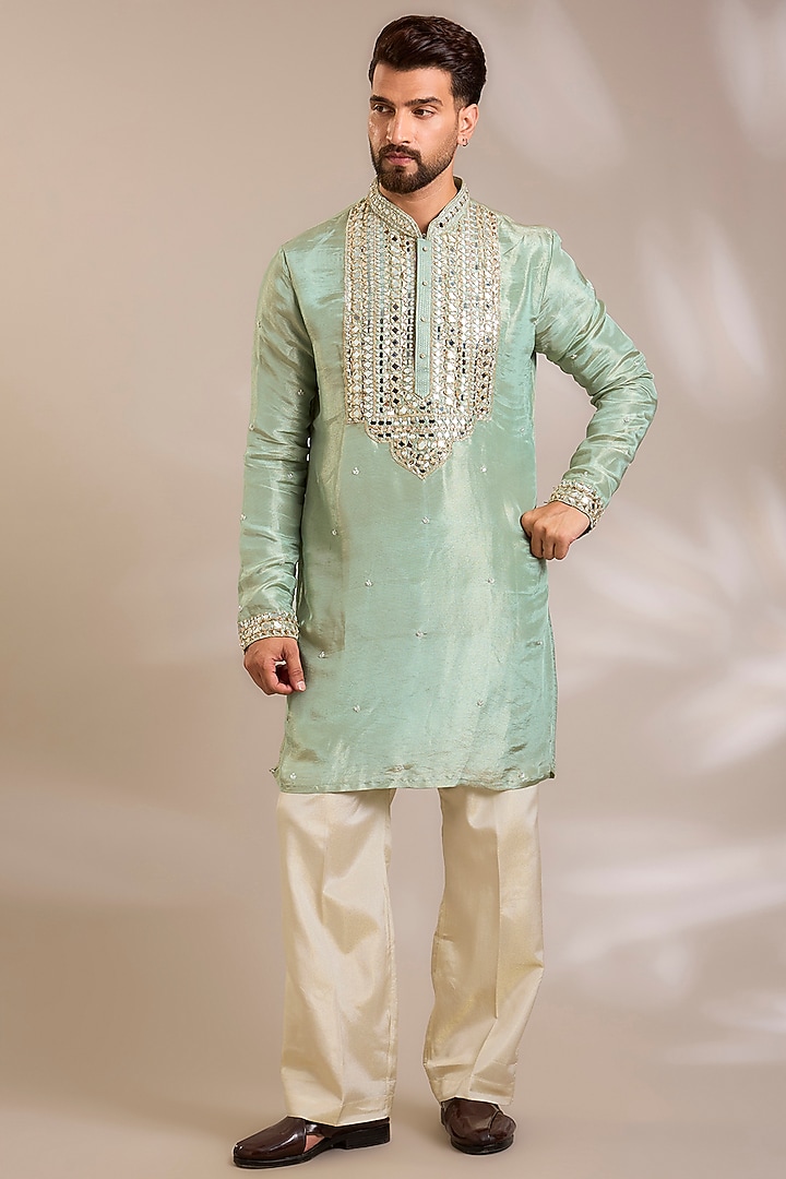 Pistachio Green Tissue Silk Mirror Embroidered Kurta Set by PARV DESIGN STUDIO at Pernia's Pop Up Shop