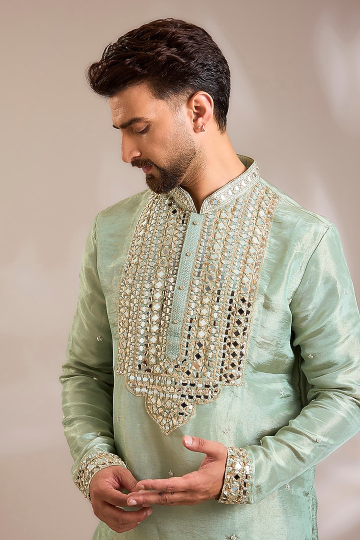Pistachio Green Tissue Silk Mirror Embroidered Kurta Set by PARV DESIGN STUDIO at Pernia's Pop Up Shop