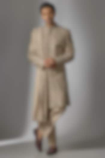 Dark Olive Green Chanderi Silk Zardosi Embroidered Wedding Sherwani Set by PARV DESIGN STUDIO at Pernia's Pop Up Shop