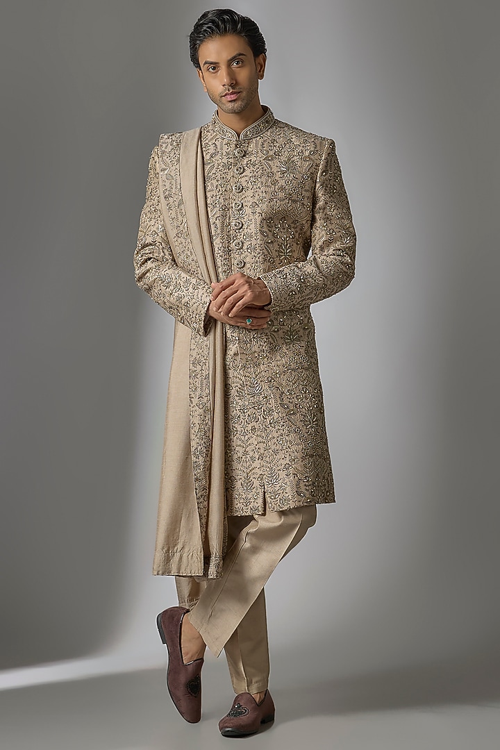 Dark Olive Green Chanderi Silk Zardosi Embroidered Wedding Sherwani Set by PARV DESIGN STUDIO at Pernia's Pop Up Shop