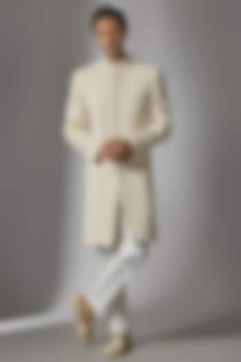 Cream Double Georgette Moti Embroidered Sherwani Set by PARV DESIGN STUDIO