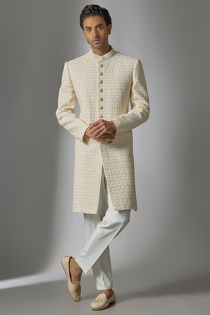 Cream Double Georgette Moti Embroidered Sherwani Set by PARV DESIGN STUDIO