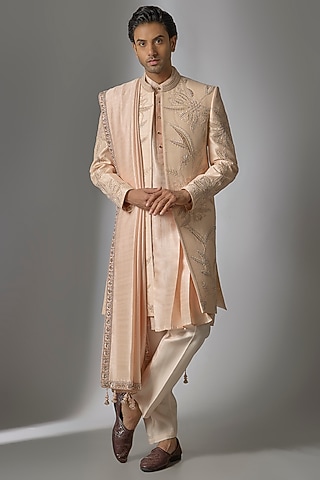 Peach Chanderi Silk Cutdana Embroidered Indowestern Set by PARV DESIGN STUDIO