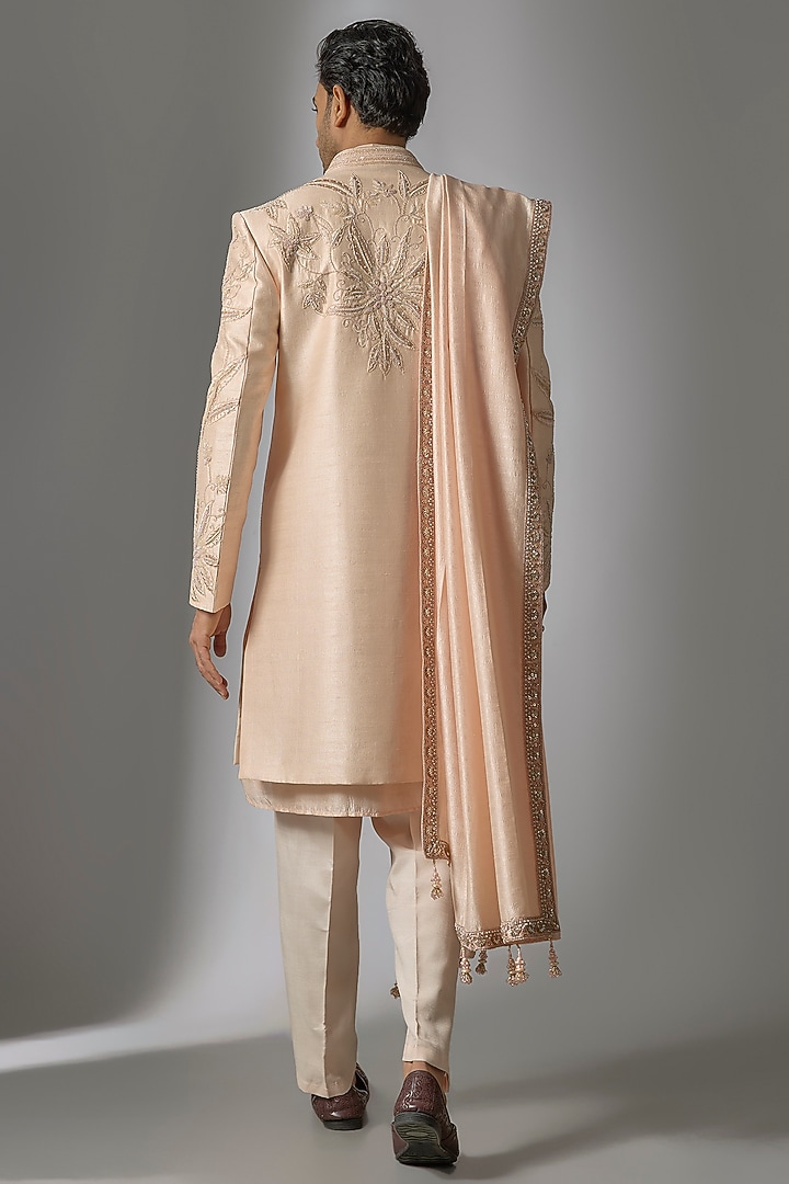 Peach Chanderi Silk Cutdana Embroidered Wedding Indowestern Set by PARV DESIGN STUDIO at Pernia's Pop Up Shop