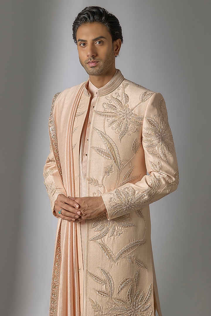 Peach Chanderi Silk Cutdana Embroidered Wedding Indowestern Set by PARV DESIGN STUDIO at Pernia's Pop Up Shop